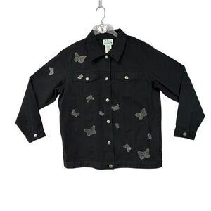 The Quacker Factory Black Denim Jacket Rhinestone Butterfly Embellished‎ Medium